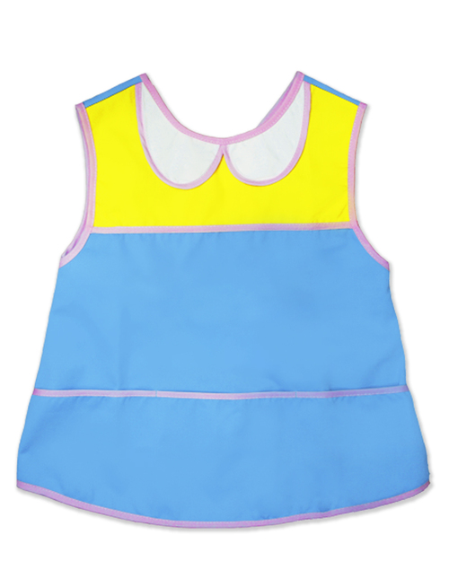 團體服樣式精選<br>幼兒園圍兜 無袖 訂製款 藍黃滾粉紅<span>BIC-00-14-Style</span>示意圖