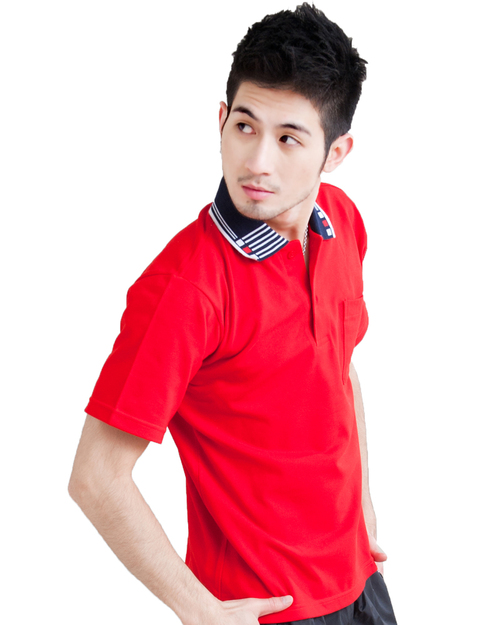 POLO衫中性訂製款有口袋-紅配丈青造型領 <span>PCANB-P01-00257</span>示意圖