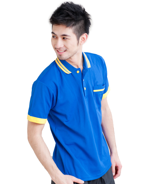 POLO衫訂製款有口袋斜袖中性-寶藍黃配雙黃條領 <span>PCANB-P01-00265</span>示意圖