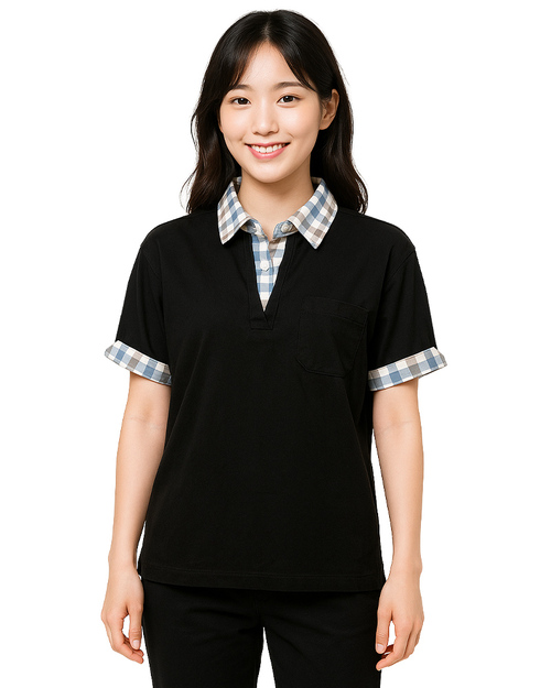 POLO衫訂製款｜有口袋假兩件｜加筆插腰身-黑/格紋｜<span>PCANG-S11-00360</span>示意圖