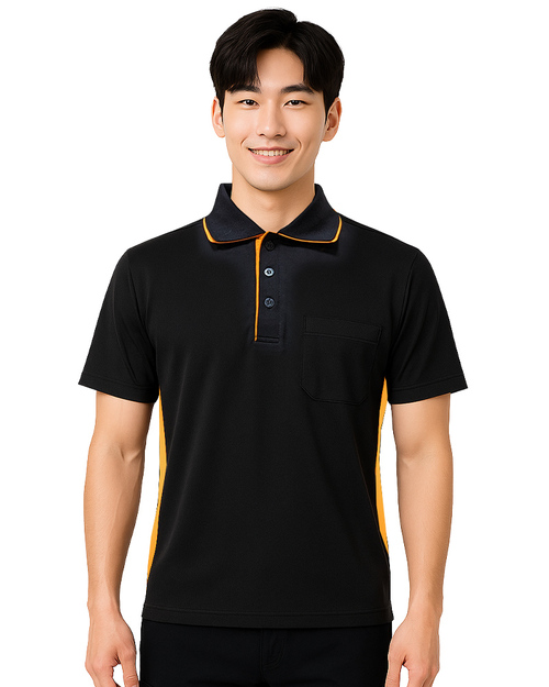 POLO衫短袖訂製｜雙領腰側剪接｜黑配桔｜<span>PCANB-P01-00493</span>示意圖