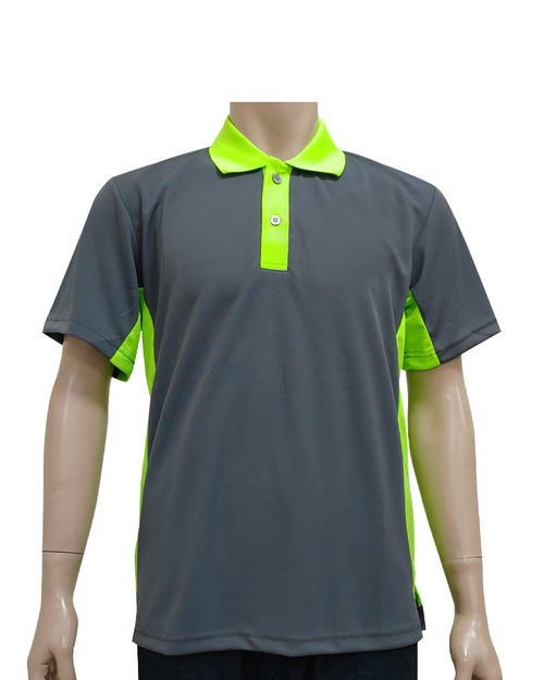 POLO衫短袖訂製-袖子腰側剪接-深灰配螢光綠 <span>PCANB-P01-00494</span>示意圖