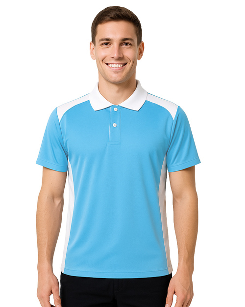 POLO衫短袖訂製｜肩腰側剪接門襟出芽｜水藍配白｜<span>PCANB-P01-00495</span>示意圖