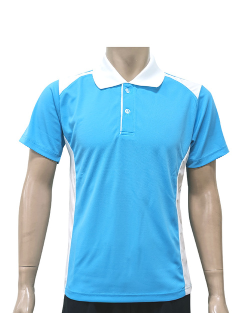 POLO衫短袖訂製-肩腰側剪接門襟出芽-水藍配白 <span>PCANB-P01-00495</span>示意圖