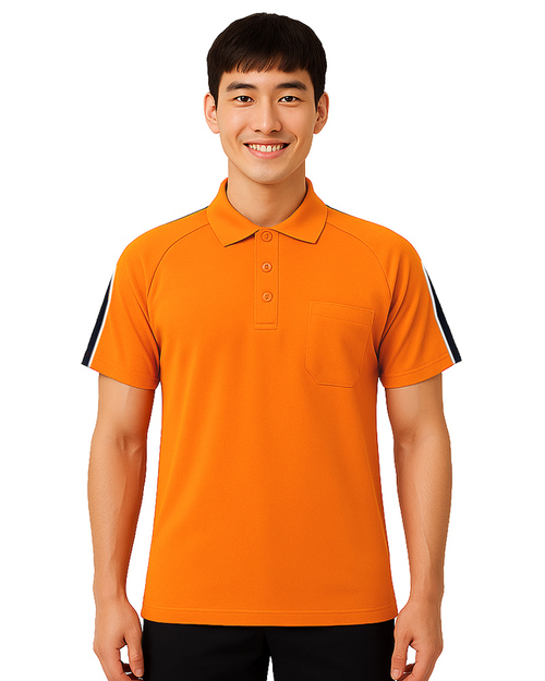 POLO衫短袖訂製｜斜袖剪接出芽｜橘配丈青白｜<span>PCANB-P02-00498</span>示意圖