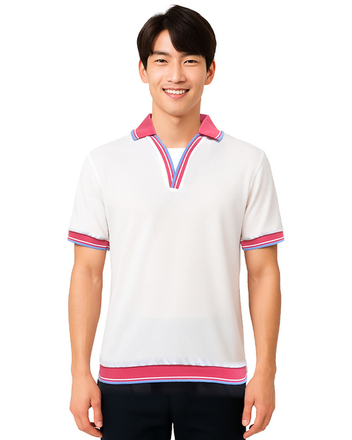 POLO衫訂製｜中性短袖 束口｜白底配桃紅｜<span>PCANB-P11-00477</span>示意圖