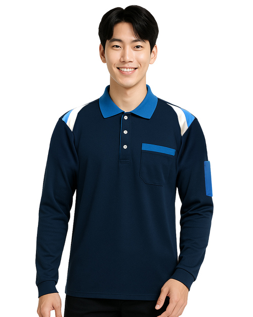 POLO衫訂製｜中性長袖｜丈青肩接翠藍白｜<span>PCANB-P12-00487</span>示意圖