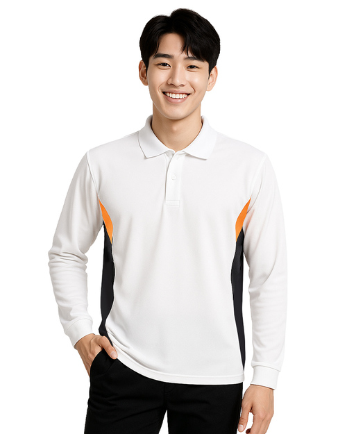 POLO衫長袖訂製｜腰側前後剪接｜白配桔黑｜<span>PCANB-P12-00489</span>示意圖