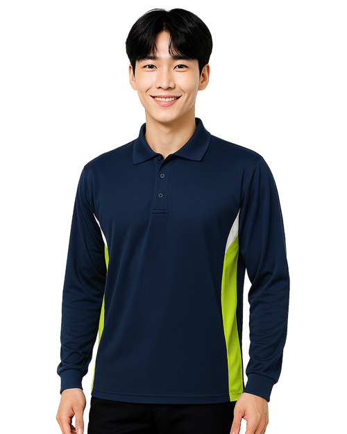 POLO衫長袖訂製｜腰側前後剪接｜丈青配白綠｜<span>PCANB-P12-00490</span>示意圖