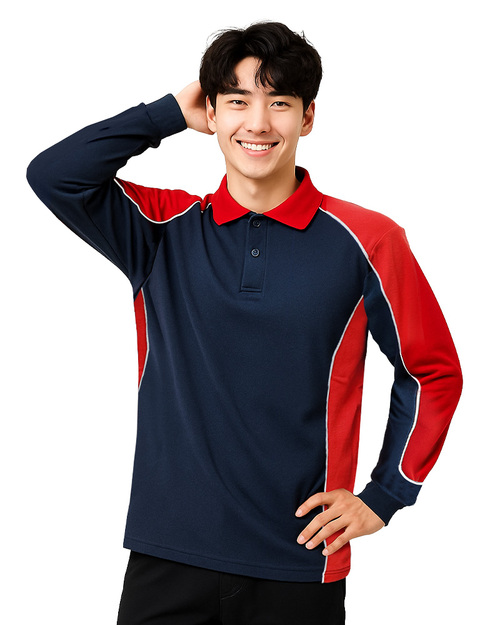 POLO衫長袖訂製｜肩膀腰側剪接出芽｜丈青配紅白｜<span>PCANB-P12-00491</span>示意圖