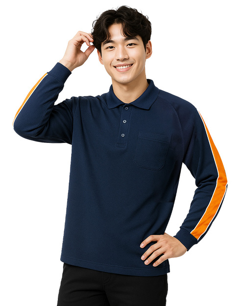 POLO衫長袖訂製｜斜袖剪接出芽-丈青配橘白｜<span>PCANB-P12-00492</span>示意圖