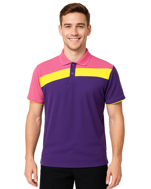 POLO衫訂製短袖｜斜片剪接造型｜雙袖款-紫配桃紅黃｜<span>PCANB-S01-00421A</span>示意圖