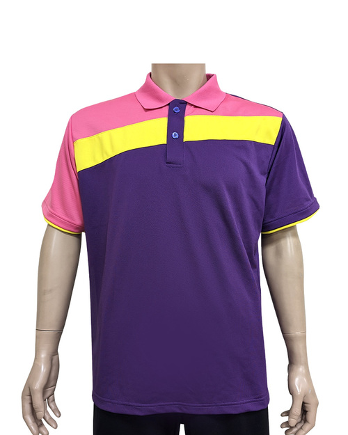 POLO衫訂製短袖斜片剪接造型雙袖款-紫配桃紅黃 <span>PCANB-S01-00421A</span>示意圖