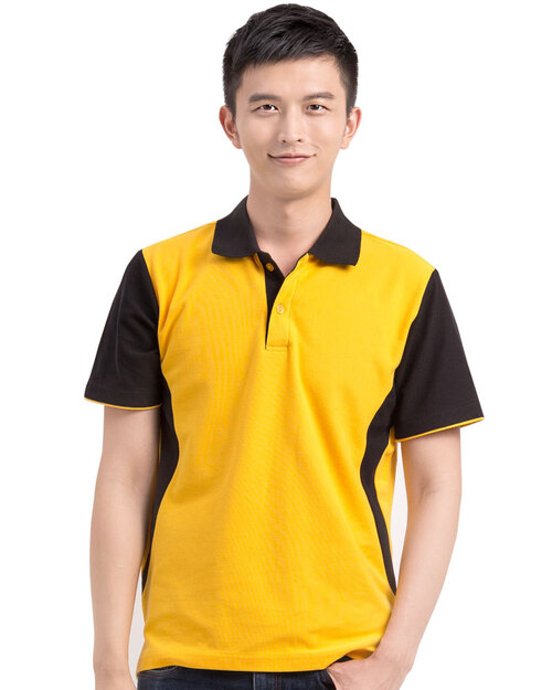 POLO衫訂製短袖斜片剪接造型雙袖款-黃配黑 <span>PCANB-S01-00437</span>示意圖