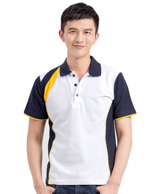 POLO衫短袖訂製造型接片雙袖款-白配丈青黃 <span>PCANB-S01-00438</span>示意圖