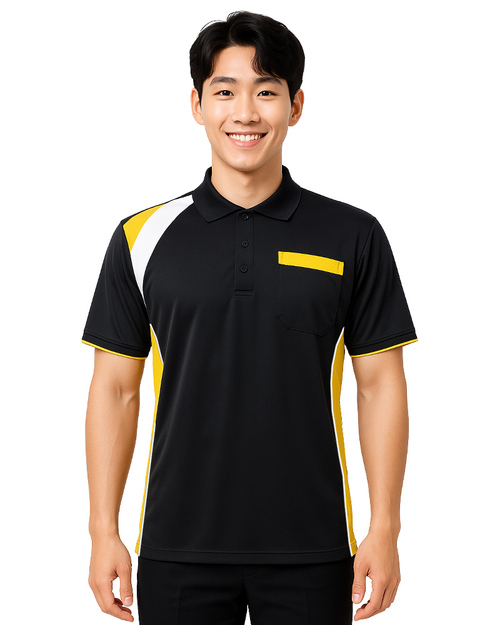 POLO衫短袖訂製｜造型接片雙袖款-黑配黃白｜<span>PCANB-S01-00438a</span>示意圖