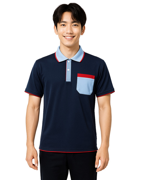 POLO衫訂製中性短袖｜中門襟加口袋｜丈青配水藍紅｜<span>PCANB-S01-00475</span>示意圖