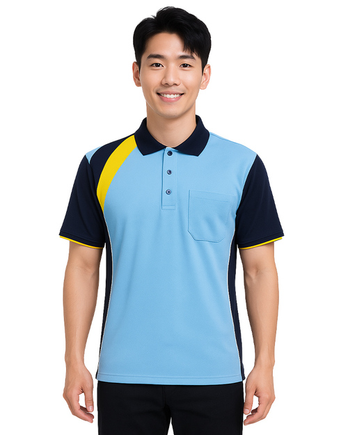 POLO衫訂製中性短袖｜協剪接配色款｜水藍配丈青黃｜<span>PCANB-S01-00476</span>示意圖