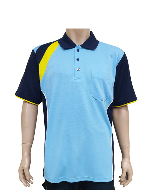 POLO衫訂製中性短袖-協剪接配色款-水藍配丈青黃 <span>PCANB-S01-00476</span>示意圖