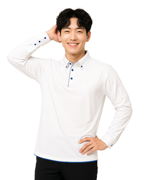 POLO訂製 襯衫袖｜長袖 白配寶藍｜<span>PCANB-S02-00387a</span>示意圖