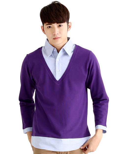 POLO衫訂製款中性長袖假兩件-紫/藍襯衫 <span>PCANB-S12-00382</span>示意圖