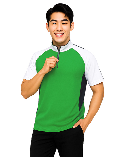 POLO衫訂製短袖｜拉鍊式立領衫｜綠配白｜<span>PCANB-S21-00479</span>示意圖