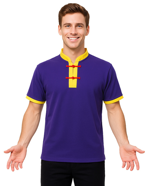 POLO衫訂製｜立領一字釦｜接袖紫配黃｜<span>PCANB-S41-00471</span>示意圖