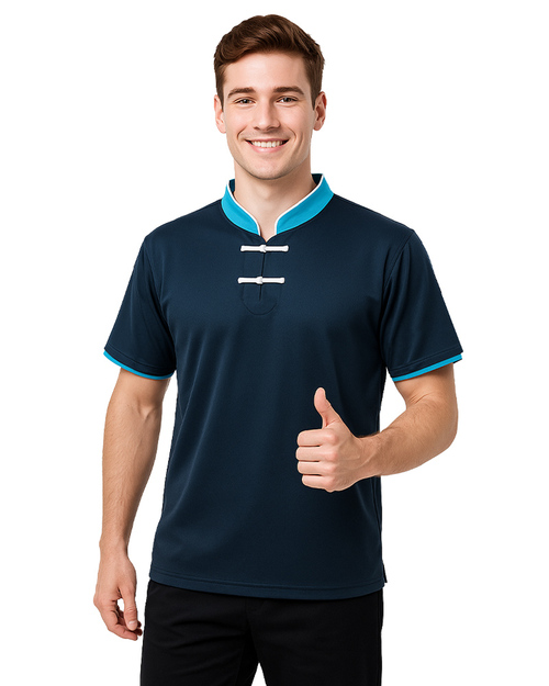 POLO衫訂製｜立領一字釦｜雙袖 丈青配翠藍｜<span>PCANB-S41-00476a</span>示意圖