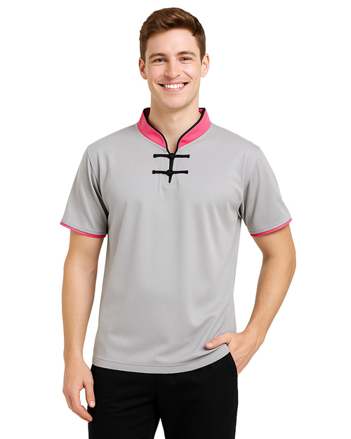 POLO衫訂製｜立領一字釦｜雙袖 灰配桃紅｜<span>PCANB-S41-00476d</span>示意圖