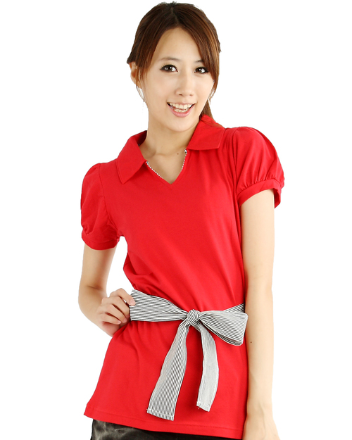 POLO衫訂製款V領綁帶腰身-紅<span>PCANG-B01-00303</span>示意圖