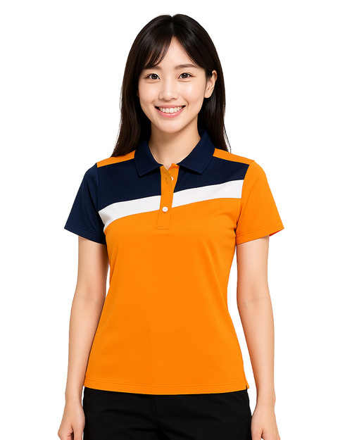 POLO衫訂製款｜前胸斜接片｜腰身-橘配丈青白｜<span>PCANG-P01-00332</span>示意圖