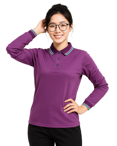 POLO衫 訂製款｜腰身 束口 領座｜長袖 特紫配蒂芬妮白｜<span>PCANG-P12-00455 </span>示意圖