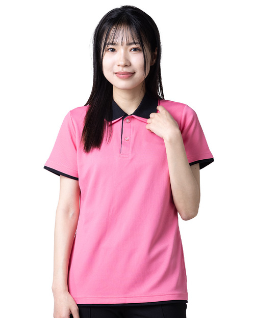 POLO衫訂製 腰身短袖-雙領雙袖雙下擺-桃紅配黑 <span>PCANG-S01-00435</span>示意圖