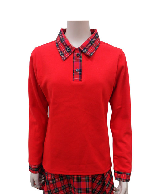POLO衫 訂製款 假兩件 長袖  腰身 大紅/格紋 <span>PCANG-S12-00407</span>示意圖