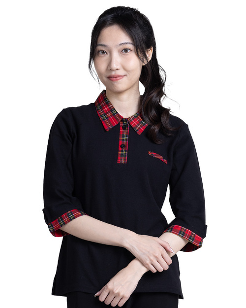 POLO-訂製-腰身-七分袖-假兩件-黑配紅格紋 <span>PCANG-S12-00408</span>示意圖