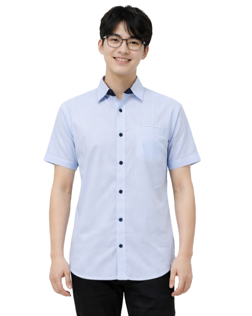 商務短袖襯衫｜藍白條紋｜隱藏式胸袋設計｜<span>SCANB-A01-03</span>示意圖