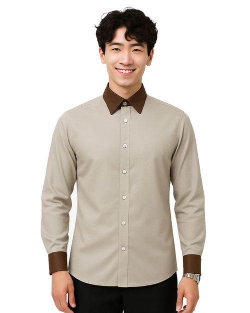 工作襯衫 訂製｜長袖 卡其配咖啡｜<span>SCANB-606-1B-D02-01</span>示意圖