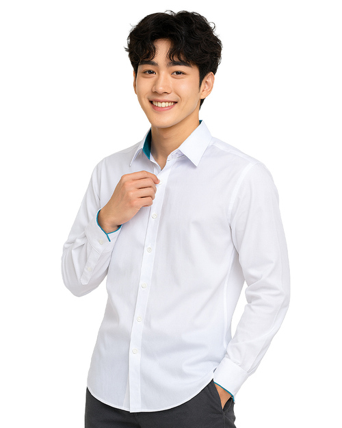 男款長袖襯衫｜訂製 白配湖水綠｜ <span>SCANBL-A02-10</span>示意圖