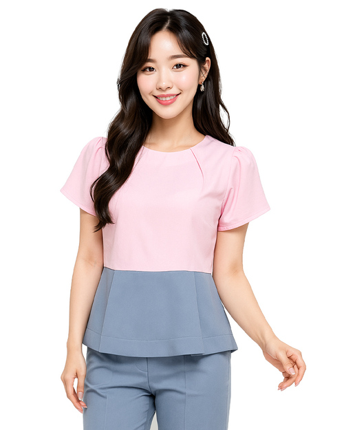 專櫃襯衫 訂製｜ 短袖 交叉袖 粉配藍灰｜<span>SCANG-A01-03</span>示意圖