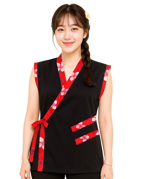 無袖太鼓服 訂製｜黑配昇華花布紅｜<span>SHO-C15</span>示意圖