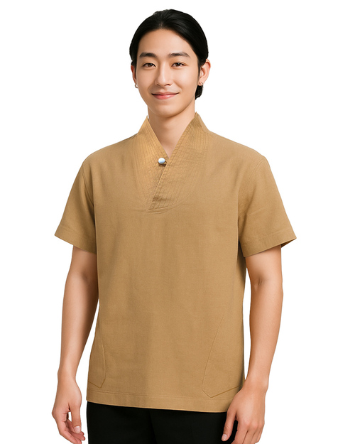 V領開襟中國衫-天絲麻-黃褐<span>SHO-EB01</span>示意圖