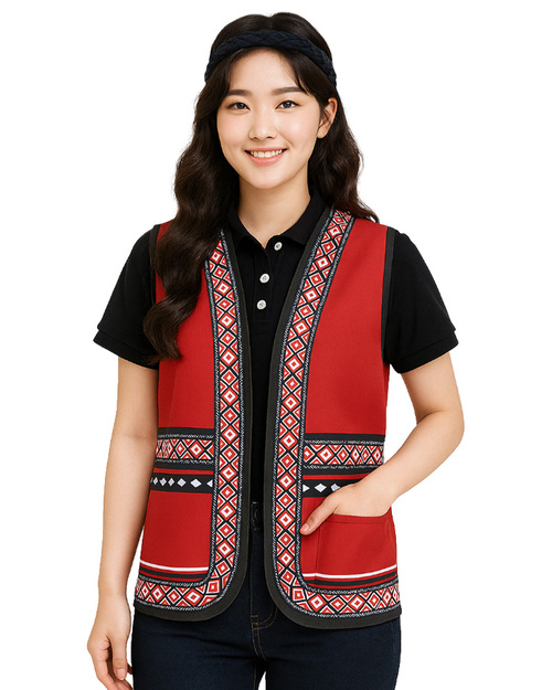 泰雅族昇華/原住民圖騰背心訂製款-紅底紅白邊 <span>SU-E07A</span>示意圖