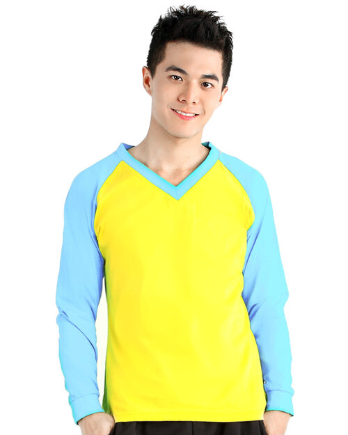 T恤訂製款v領斜長袖中性-黃水藍袖<span>TCANB-B02-00122</span>示意圖