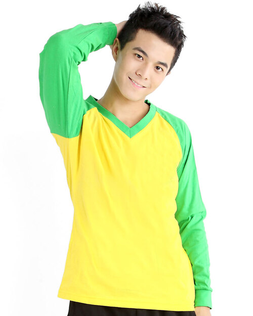 T恤訂製款v領斜長袖中性-黃果綠袖<span>TCANB-B02-00123</span>示意圖