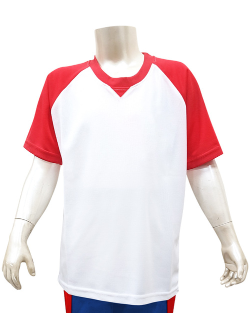 客製T恤圓領三角接片斜袖童版-白配紅 <span>TCANK-A02-00001</span>示意圖