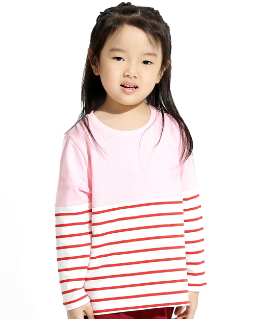 T恤訂製款條紋長袖童版-粉紅白紅條<span>TCANK-A02-00161</span>示意圖
