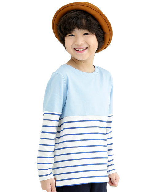 T恤訂製款條紋長袖童版-水藍白藍條<span>TCANK-A02-00162</span>示意圖