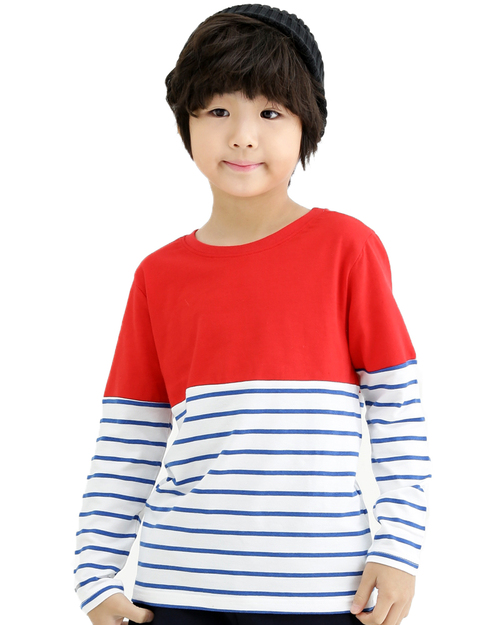 T恤訂製款條紋長袖童版-大紅白藍條<span>TCANK-A02-00163</span>示意圖