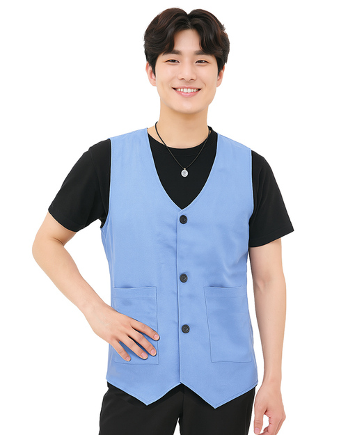 服務背心｜尖擺釦子｜加內裡腰貼袋-中藍｜<span>VCAN-C-15</span>示意圖