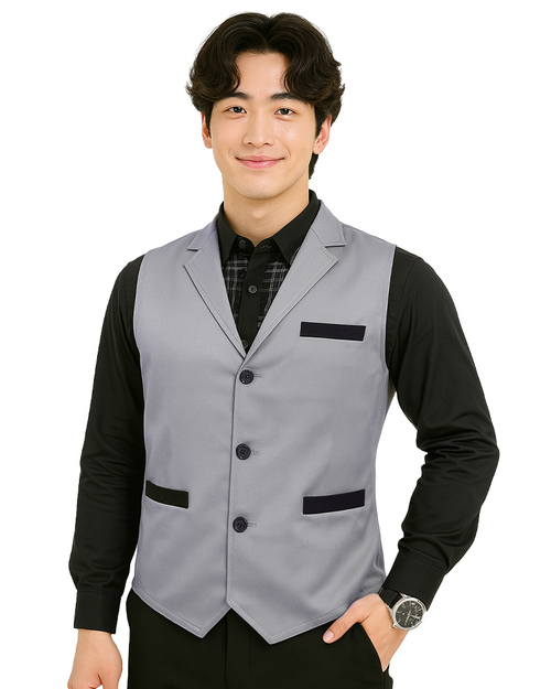 服務背心-尖擺釦子｜假口袋-灰配黑｜<span>VCAN-C-18</span>示意圖